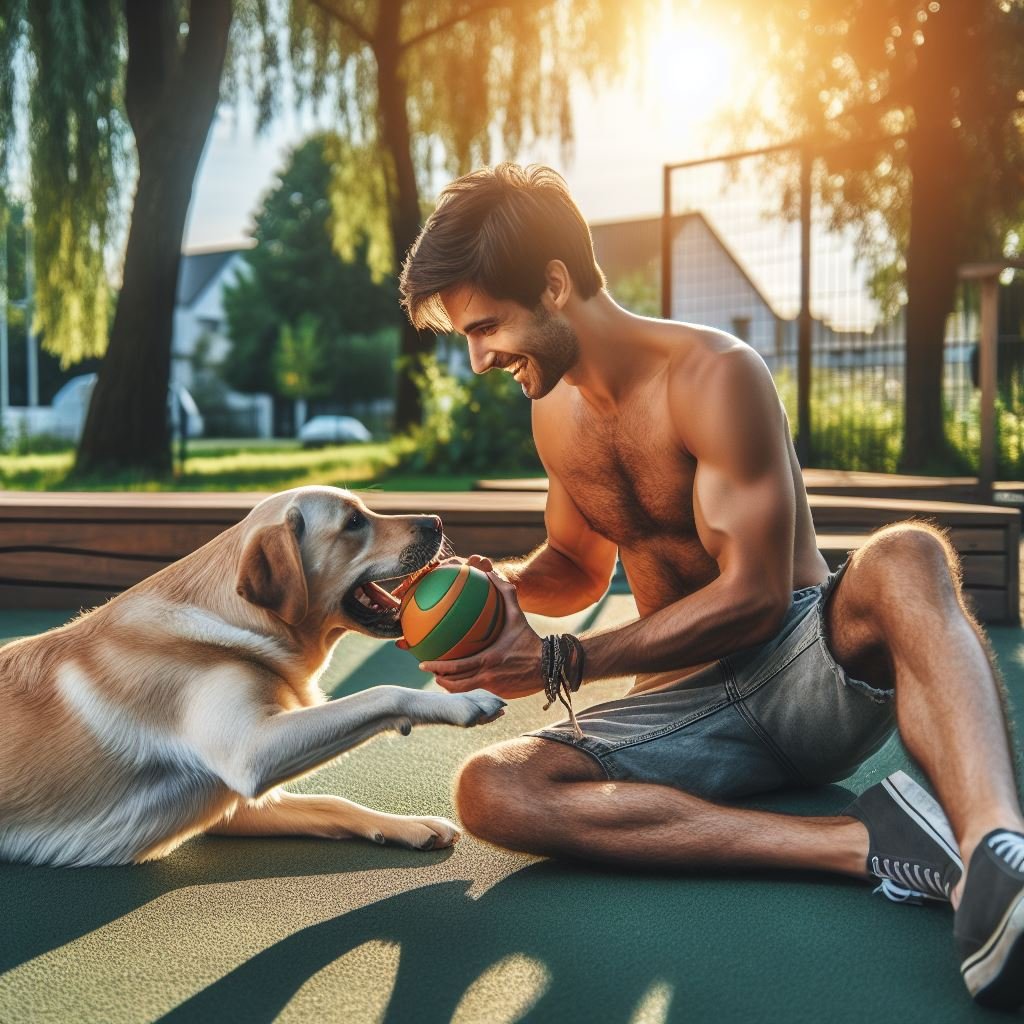 Homem brincando com cão em um parque no final da tarde